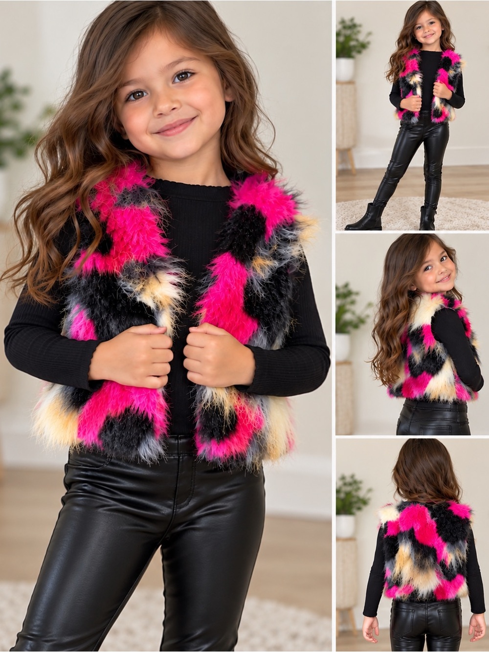 Catimini Girls Luxury Shaggy Faux Fur Vest Gilet Pink Black Cream Size 4